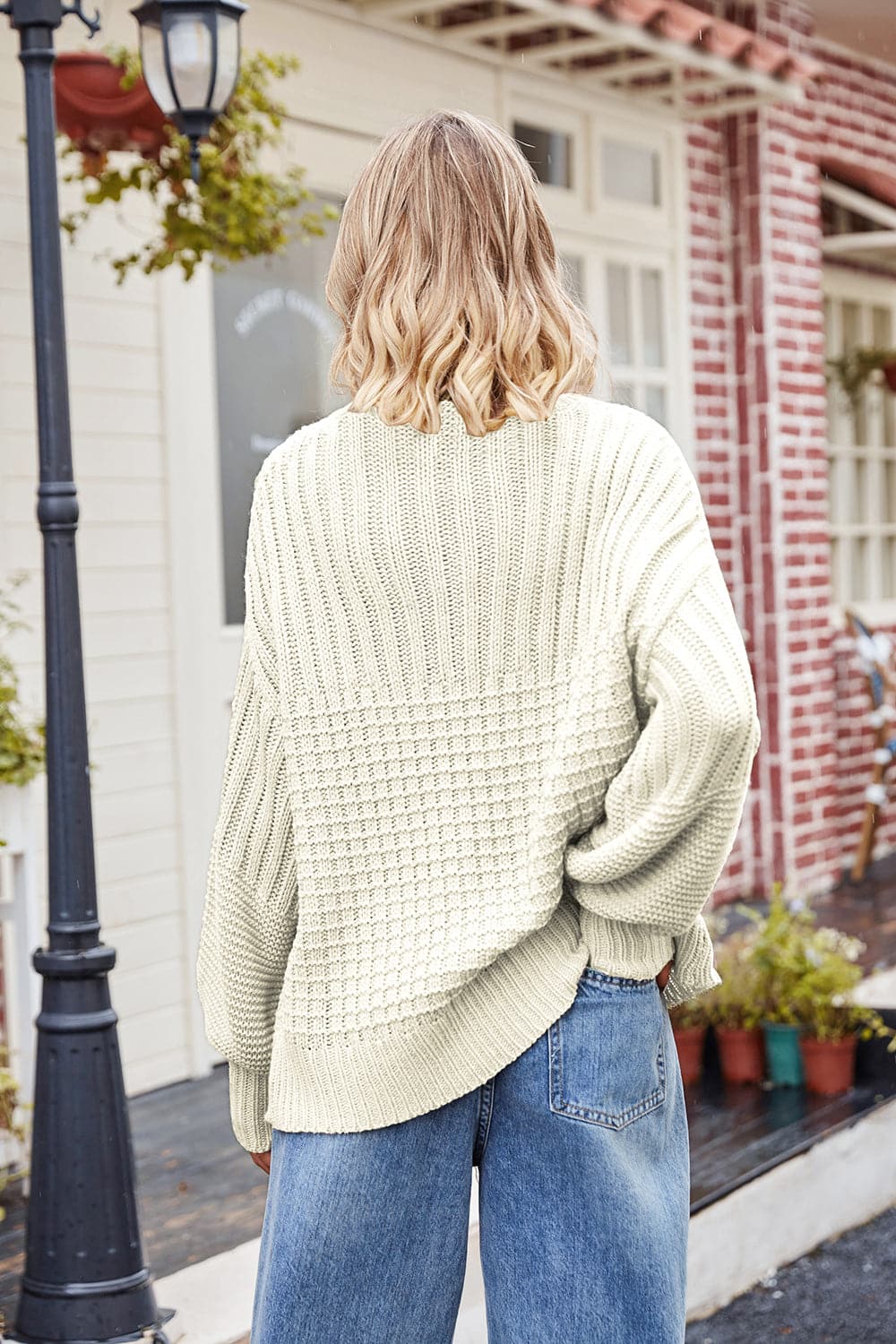 Ribbed Drop Shoulder Lantern Sleeve Sweater.