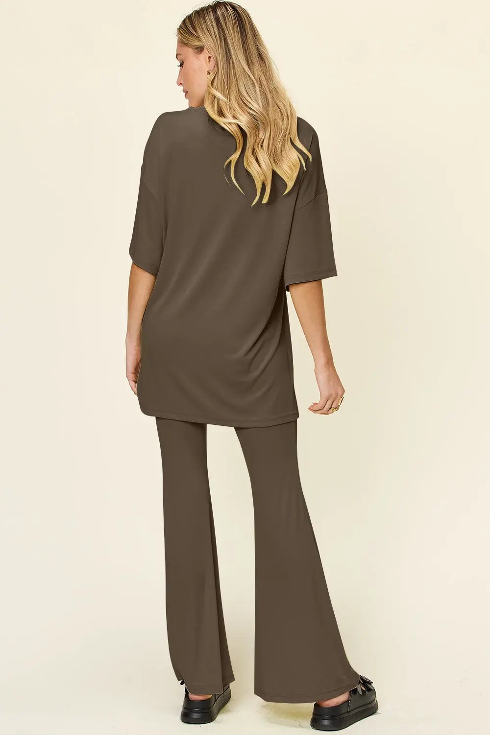 Double Take Full Size Round Neck Drop Shoulder T-Shirt and Flare Pants Set - Love Salve