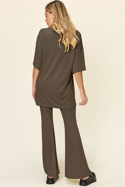 Double Take Full Size Round Neck Drop Shoulder T-Shirt and Flare Pants Set.