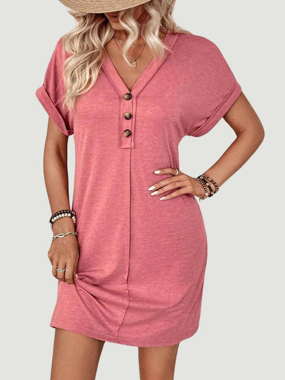 Quarter Button V-Neck Short Sleeve Dress.