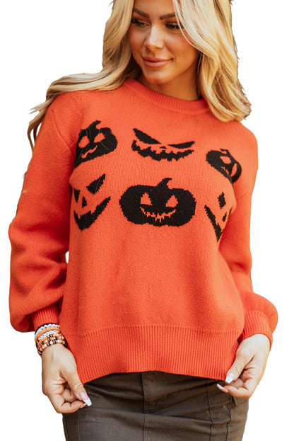 Spooky pumpkin face drop shoulder sweater for Halloween fun