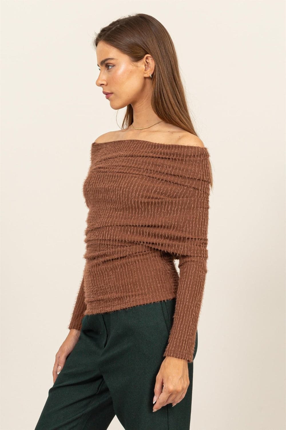 HYFVE Fuzzy Off Shoulder Textured Knit Top.