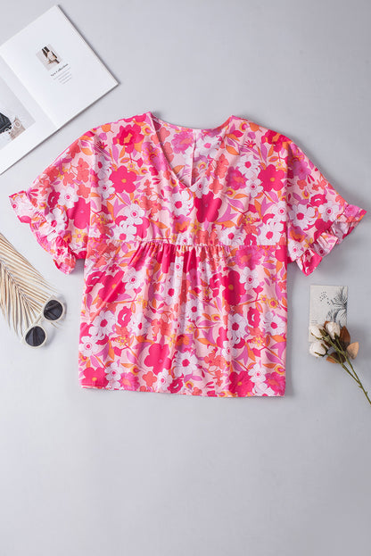 Lovely rose print ruffled plus size babydoll blouse