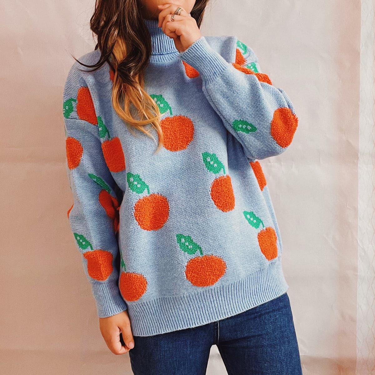 Fruit Pattern Turtleneck Dropped Sweater.