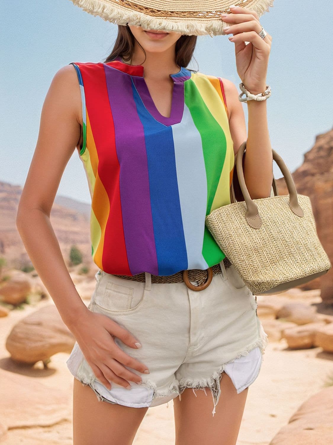 Color Block Notched Sleeveless Top.