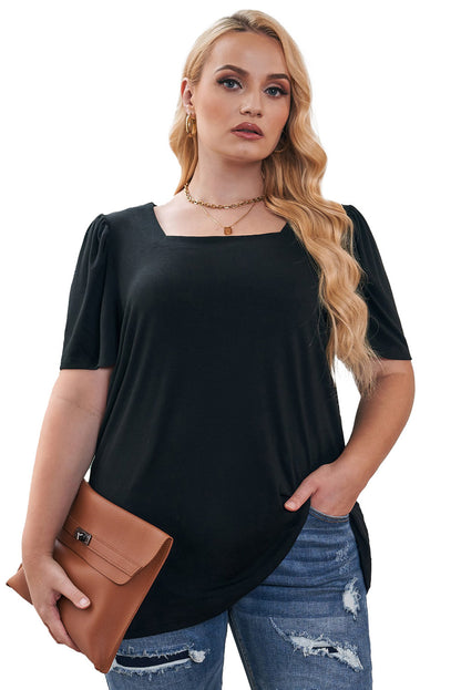 Chic black plus size square neck top with ruched sleeves