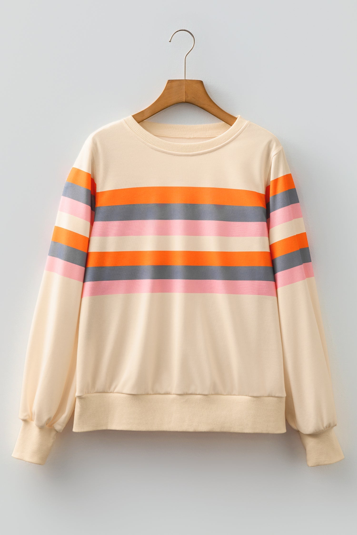 Beige Stripe Puff Sleeve Casual Pullover Sweatshirt For Women Cozy Knit Jumper Everyday Comfort Dear-Lover Dropshipping