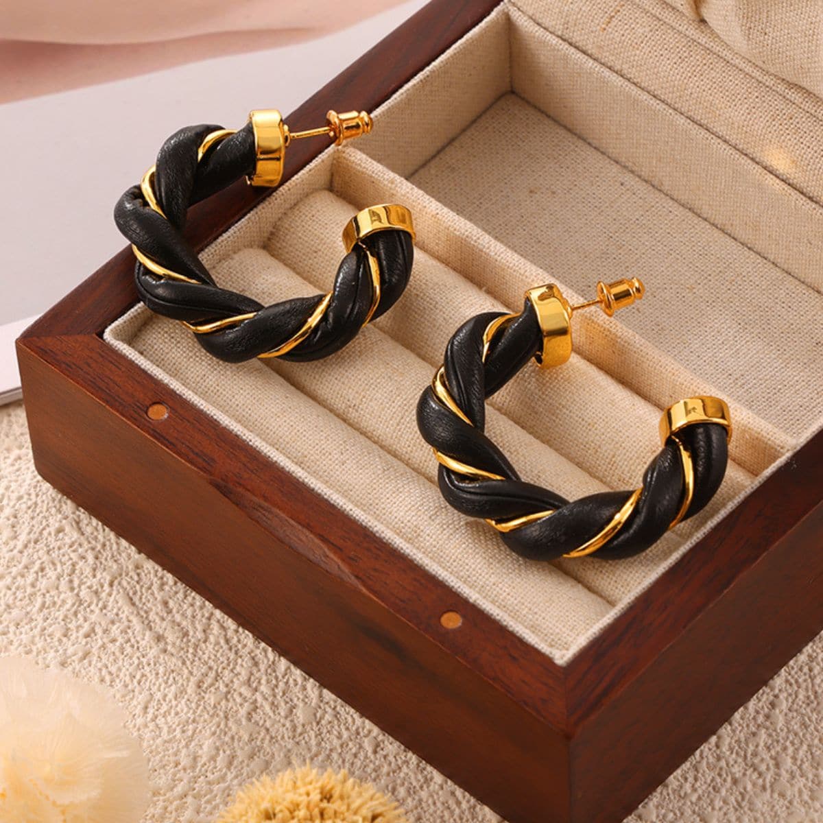 Twisted Leather Rope C-Hoop Earrings.