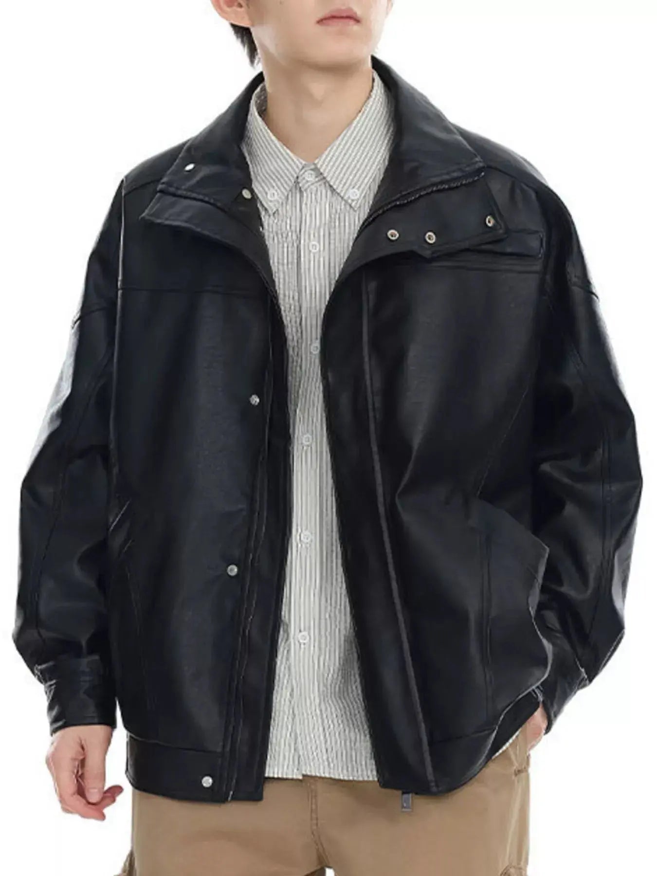Men's Plus Size Stand Collar Leather Jacket Simply Love
