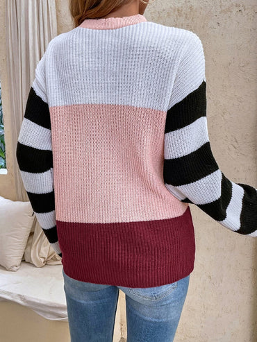 Color Block Tied Dropped Shoulder Sweater.