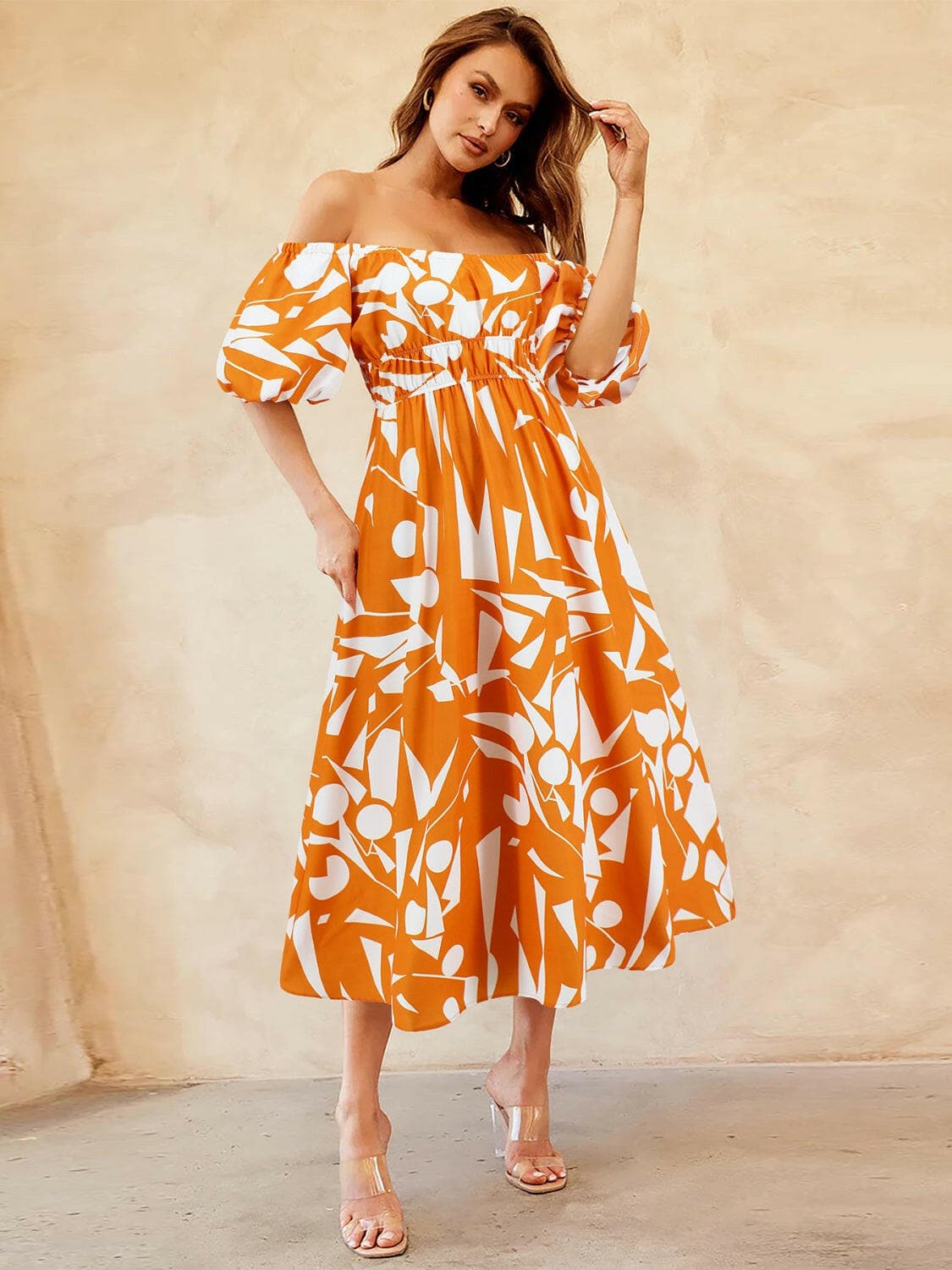 Printed Off-Shoulder Balloon Sleeve DressStep into Style with our Printed Off-Shoulder Balloon Sleeve Dress
 
 
Chic and Trendy: Elevate your wardrobe with this stylish off-shoulder dress featuring balloon Love Salve -Shoulder Balloon Sleeve DressColor