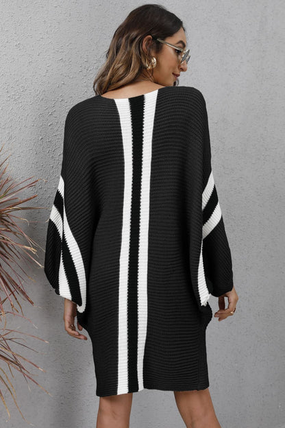 Ribbed Round Neck Long Sleeve Sweater Dress.