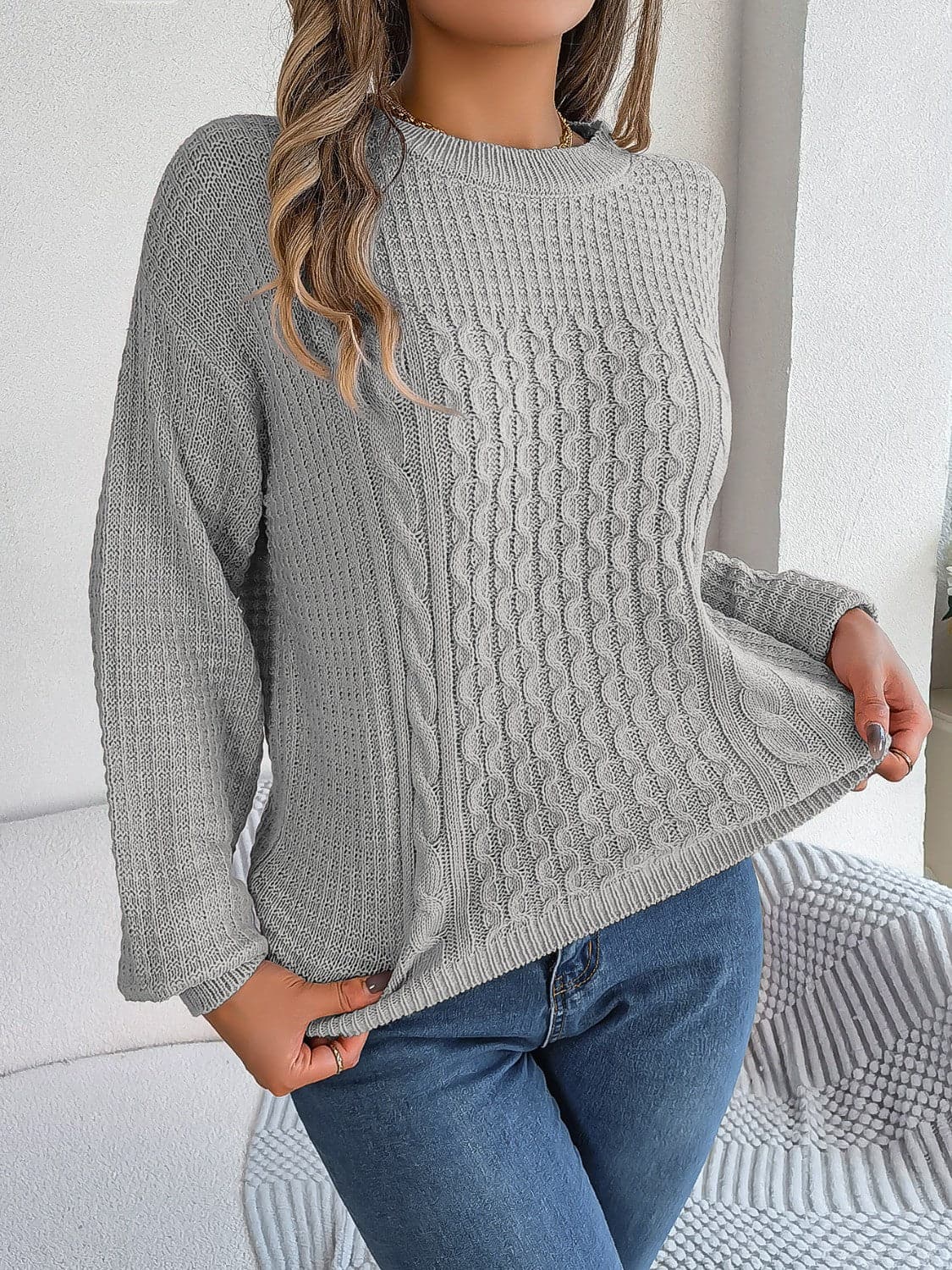 Cable-Knit Round Neck Long Sleeve Sweater.