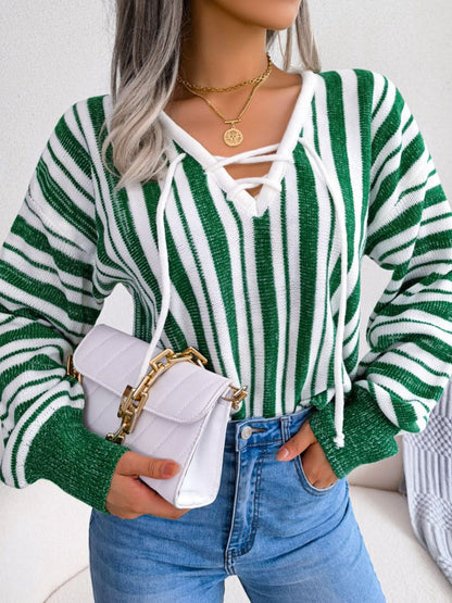 Lace-up striped long sleeve sweater