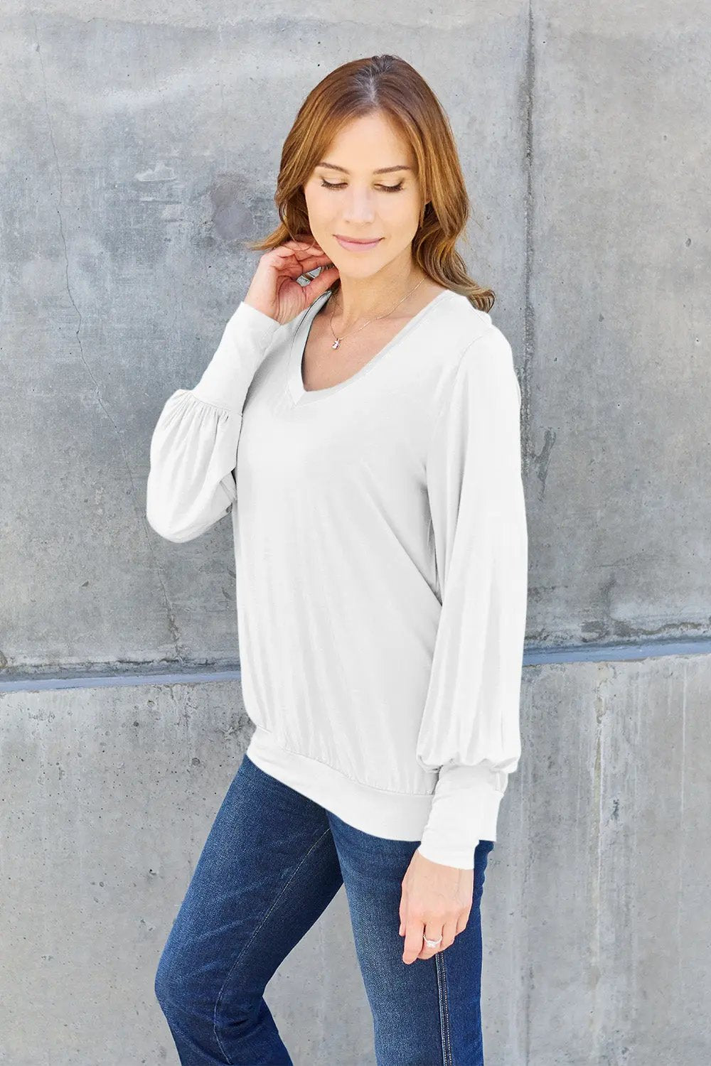 Basic Bae Full Size V-Neck Lantern Sleeve Top - Love Salve