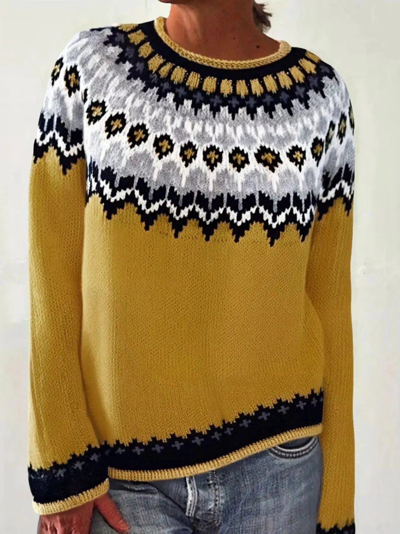 Full Size Vintage Patterned Round Neck Sweater Plus Size Simply Love