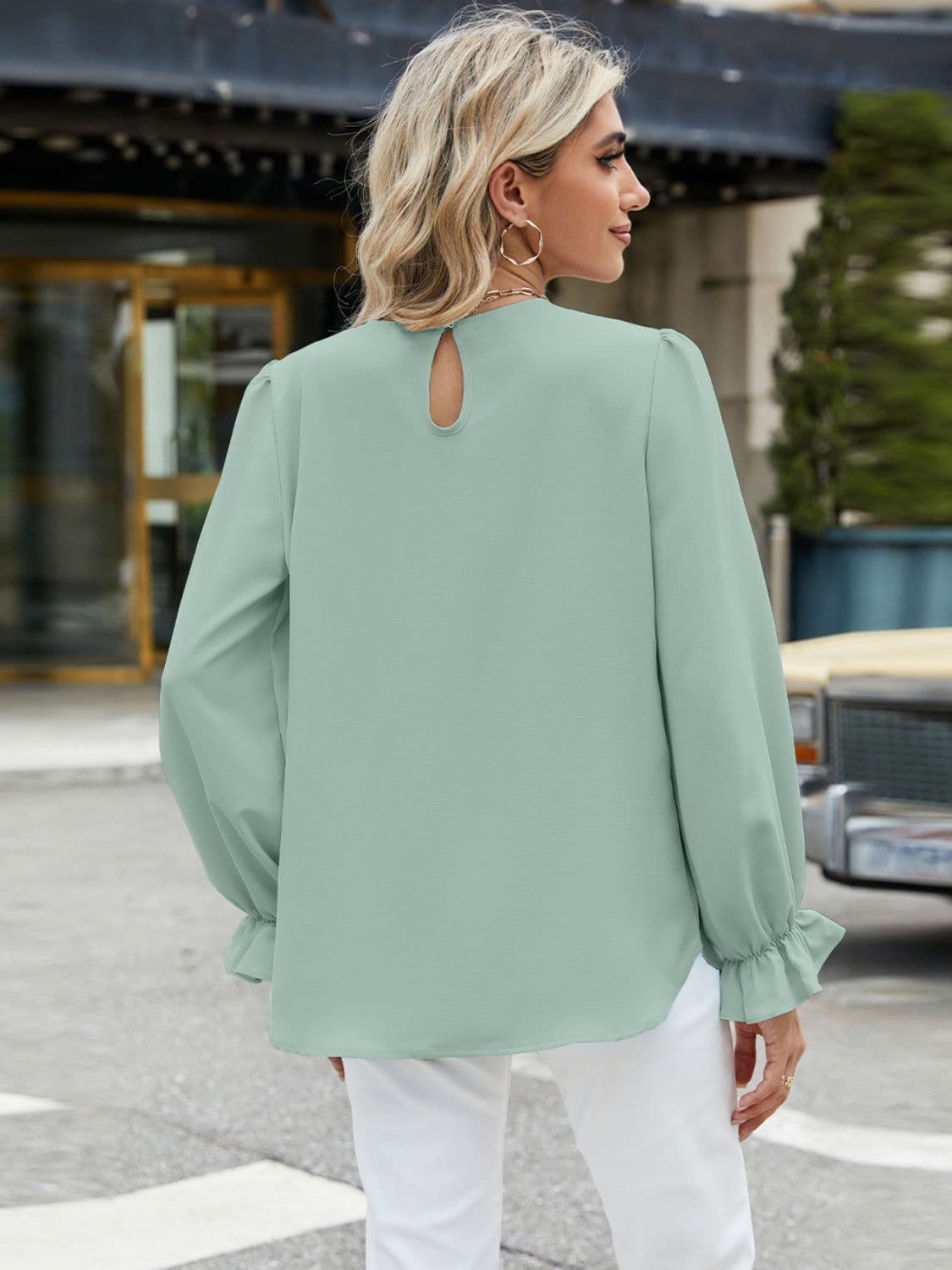 Round Neck Flounce Sleeve Top.