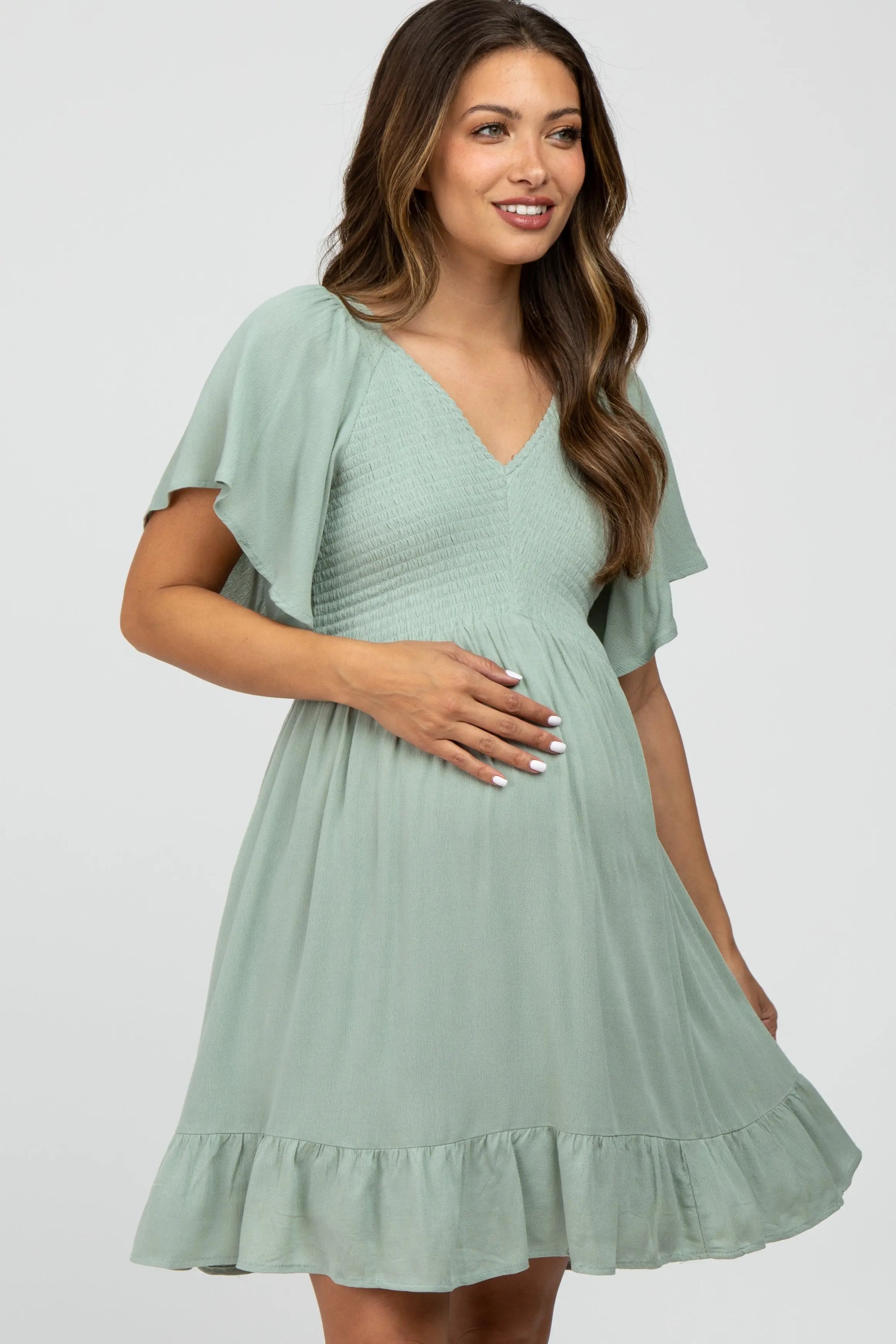Mint Green Smocked Front Ruffle Hem Maternity Dress PinkBlush