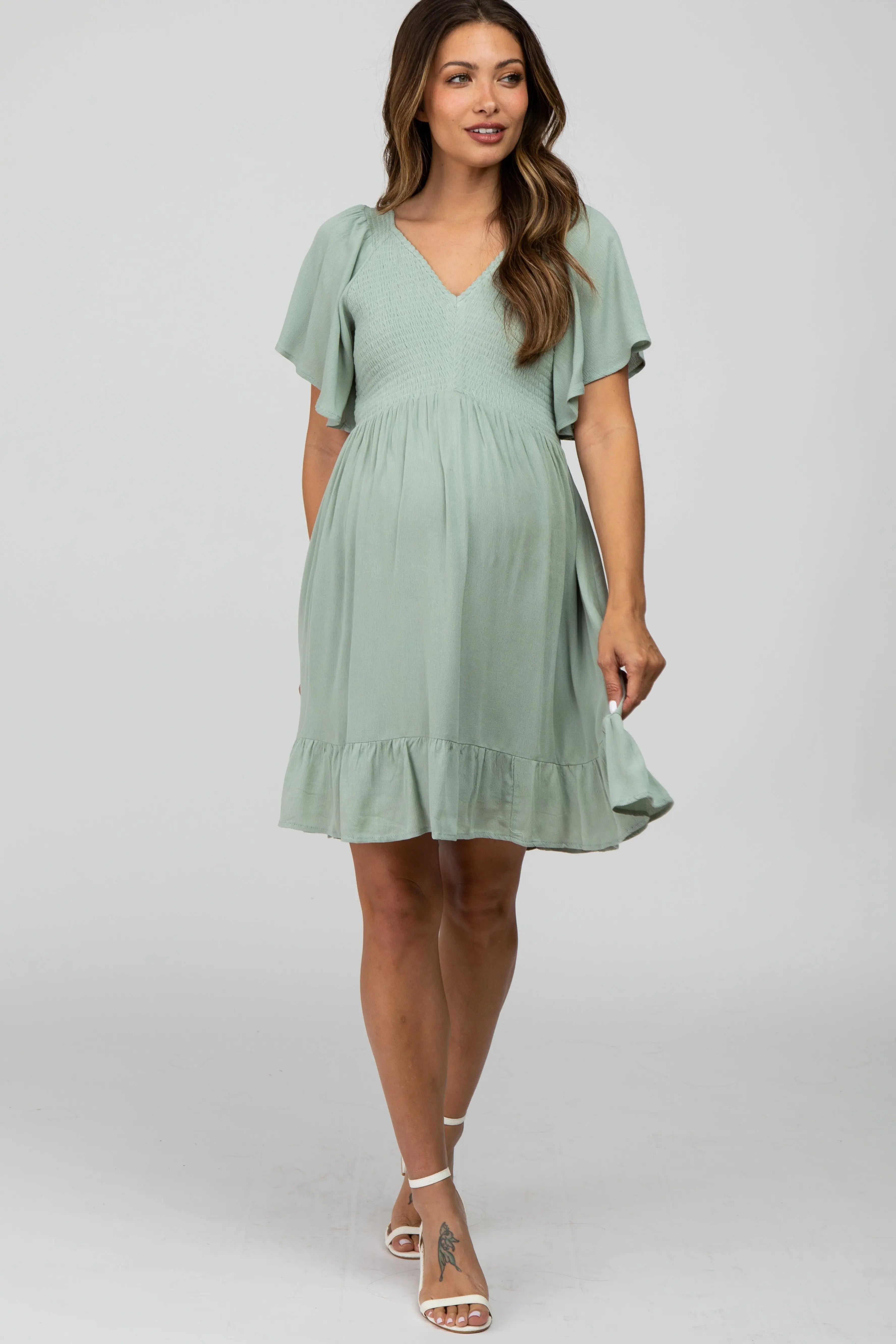 Mint Green Smocked Front Ruffle Hem Maternity Dress PinkBlush