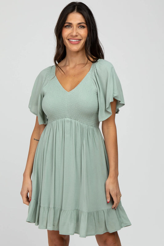 Mint Green Smocked Front Ruffle Hem Dress PinkBlush