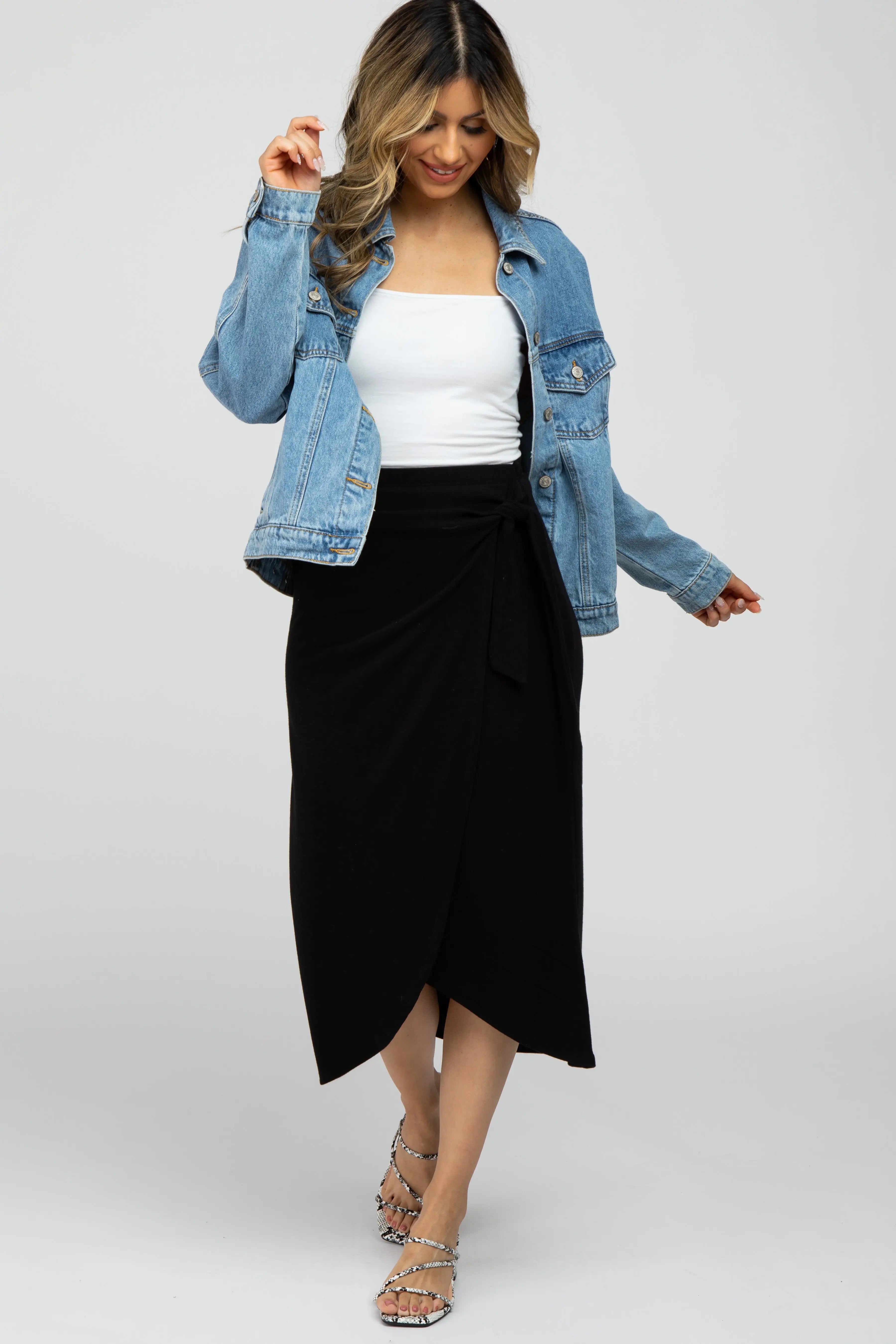 Black Wrap Midi Skirt PinkBlush