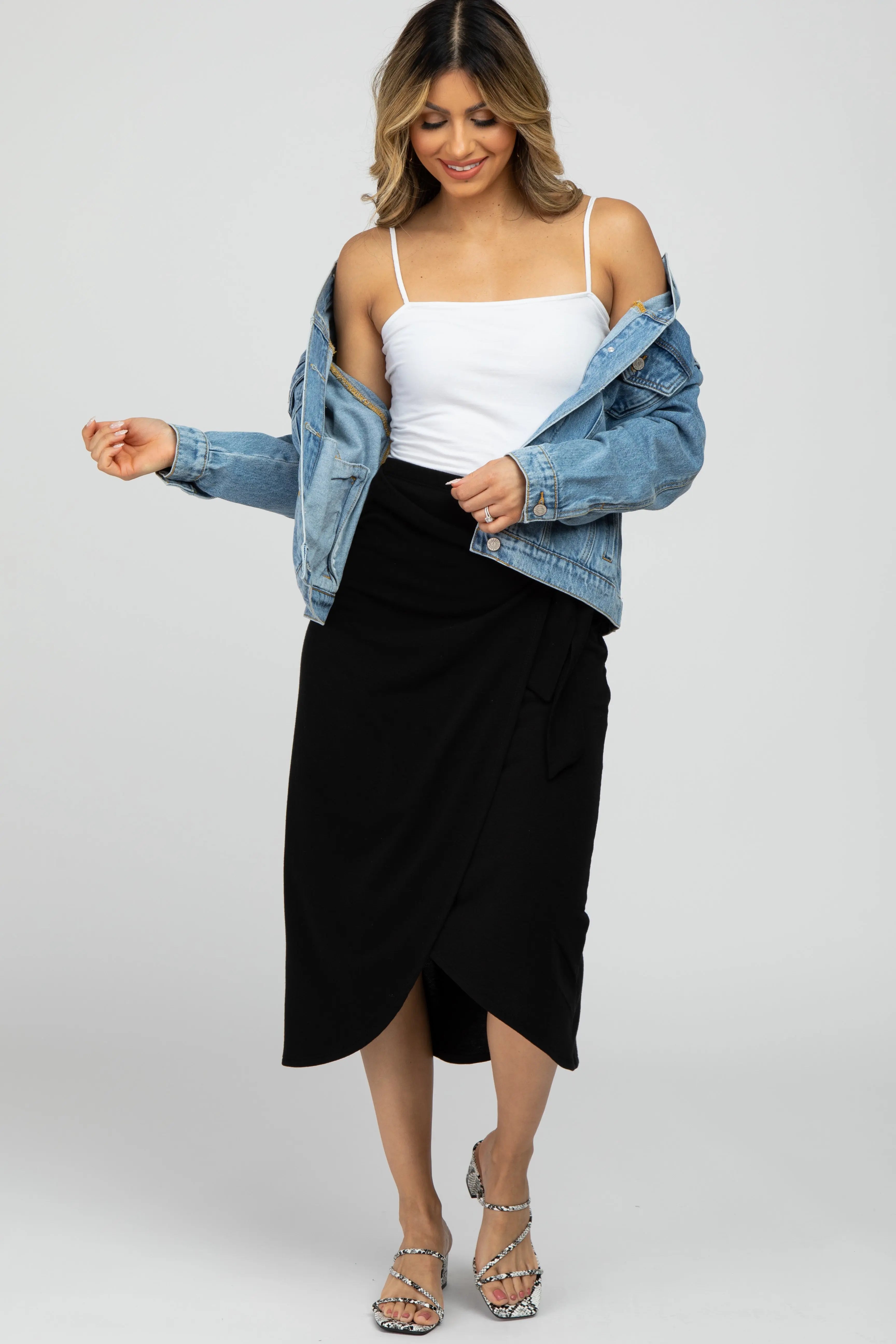 Black Wrap Midi Skirt PinkBlush