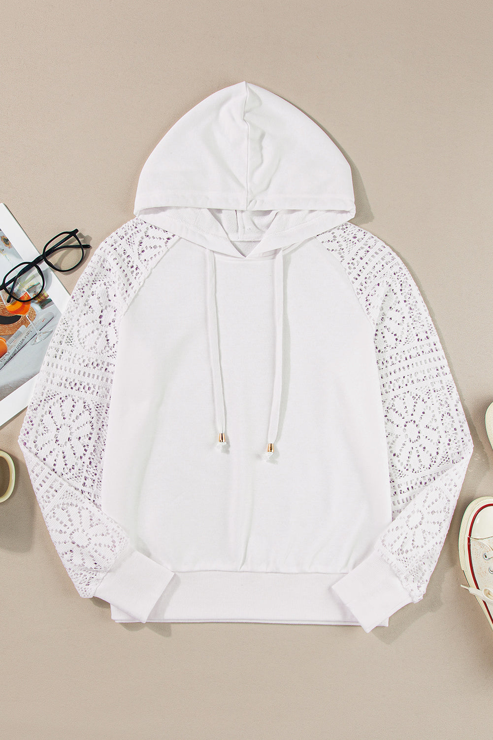 Elegant white lace sleeve hoodie with drawstring and cozy hood