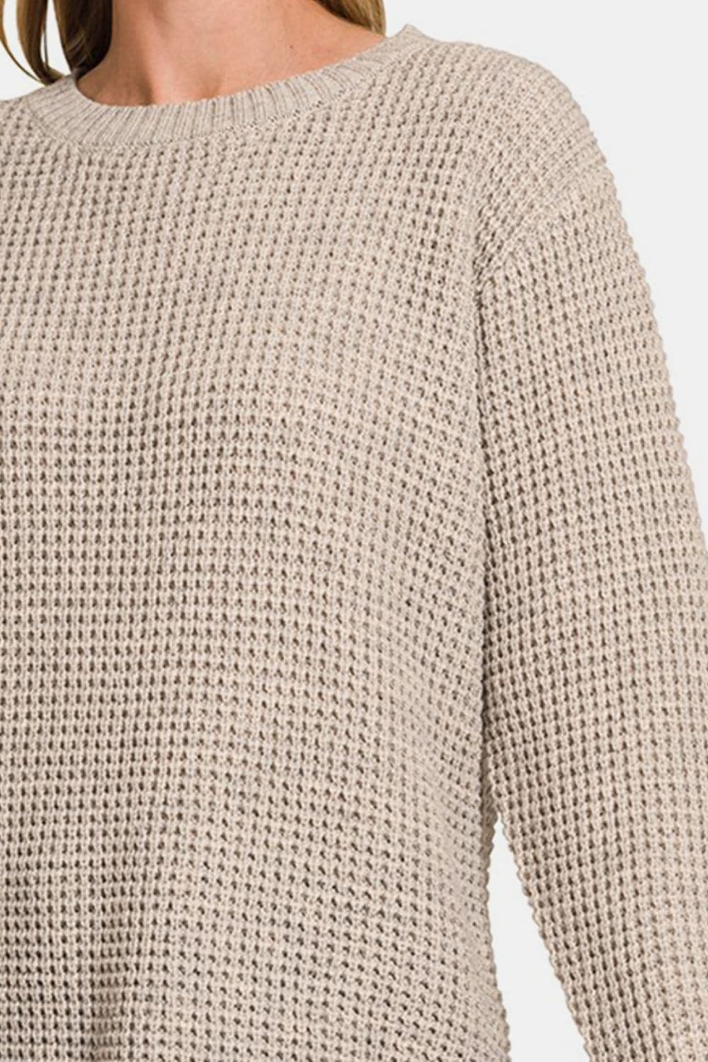 Zenana High Low Long Sleeve Waffle Sweater.