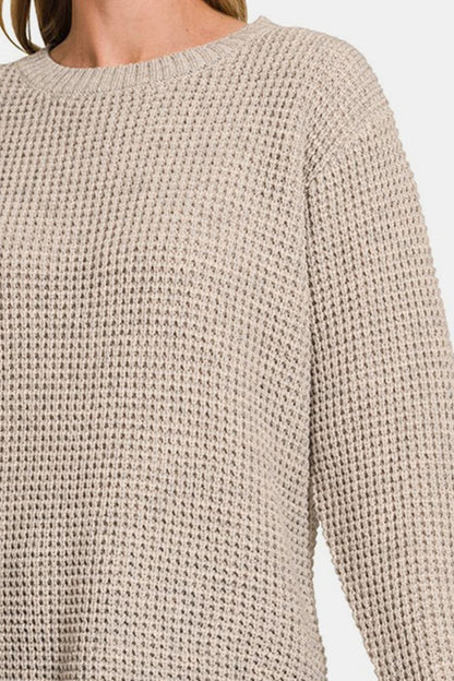 Zenana High Low Long Sleeve Waffle Sweater.