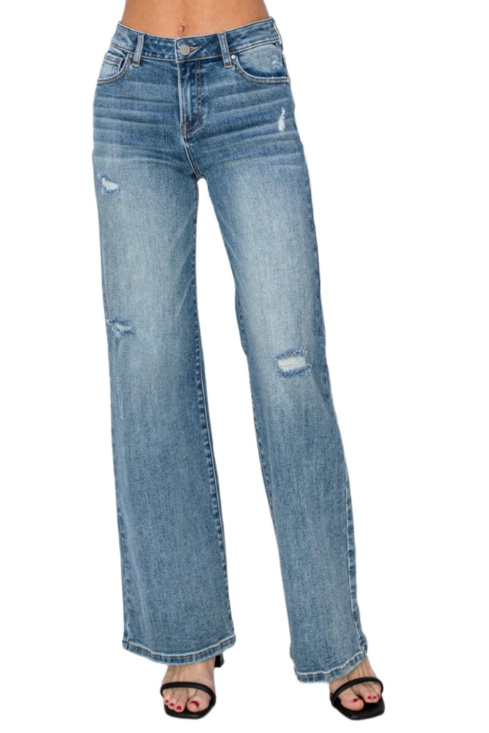 RISEN Full Size High Waist Distressed Wide Leg Jeans.