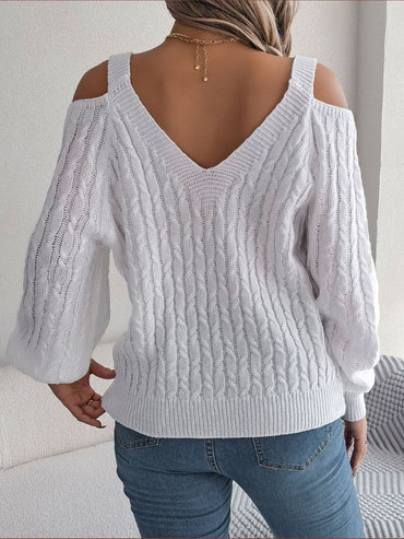 Cable-Knit Cold Shoulder Long Sleeve Sweater.