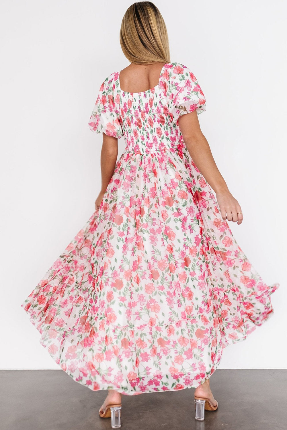 Pink Plus Size Floral Square Neck Puff Sleeve Maxi Dress With Ruffles Dear-Lover Dropshipping