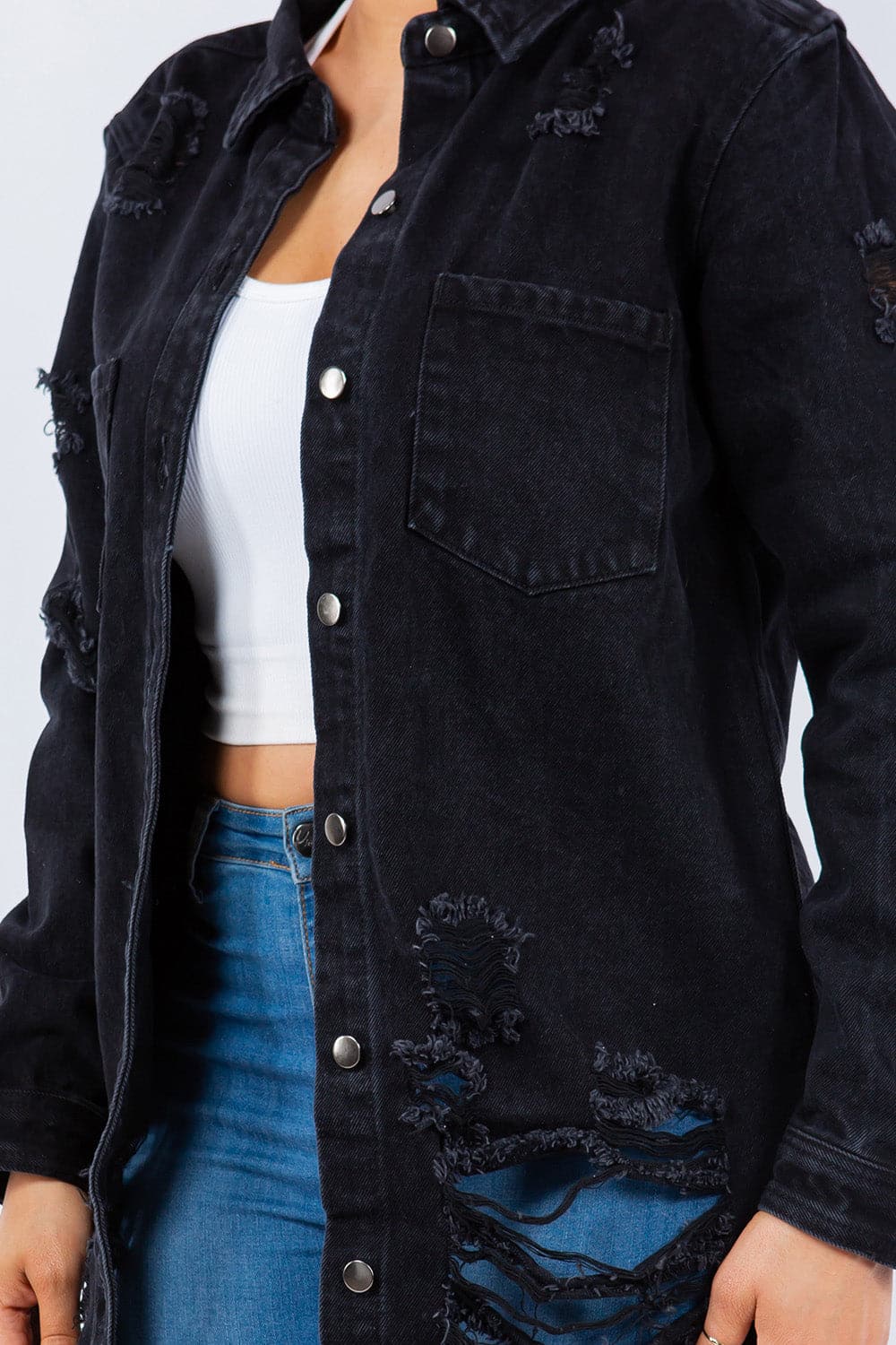 Edgy distressed denim jacket with button-up front