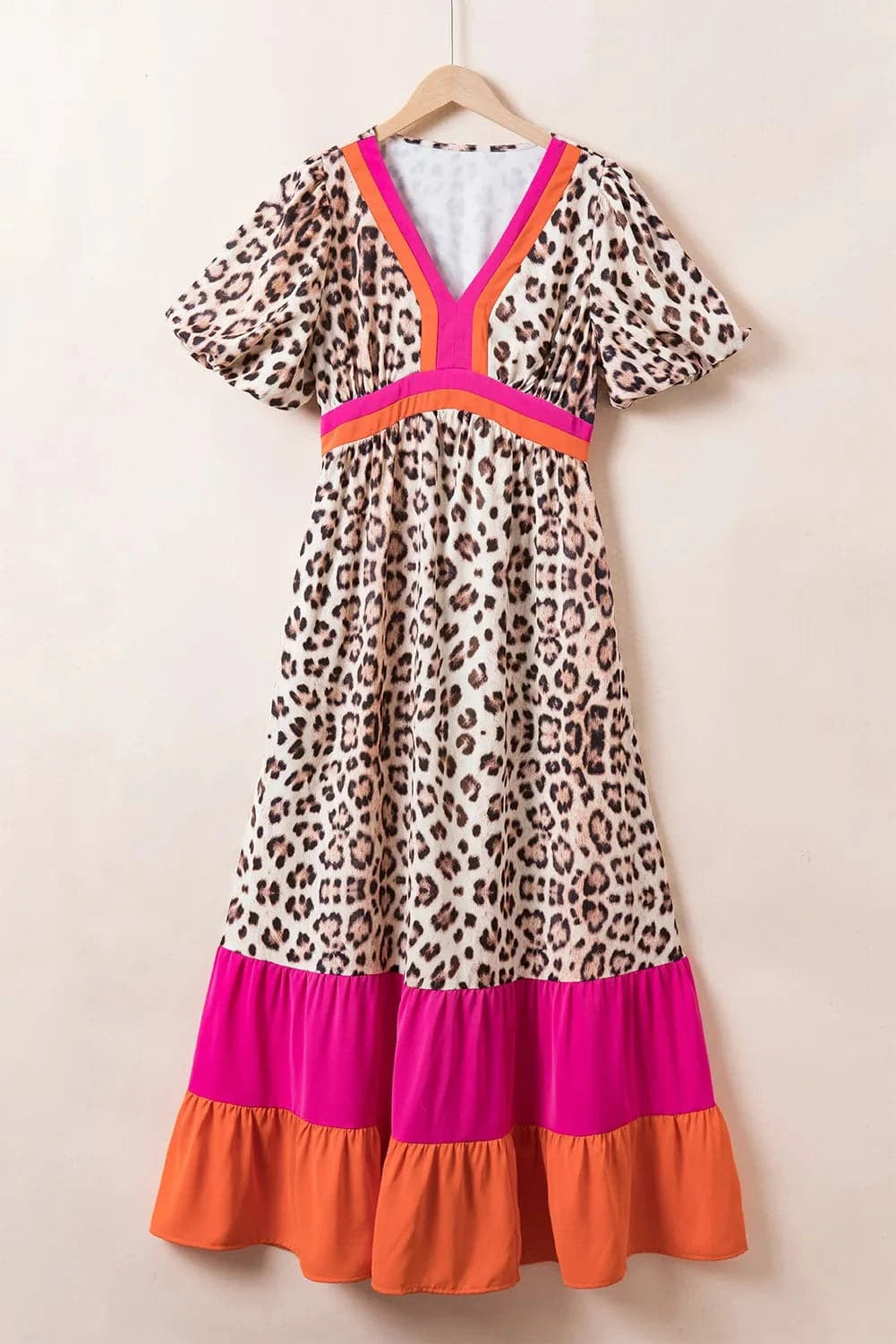 Full Size Leopard V-Neck Half Sleeve Maxi Dress.