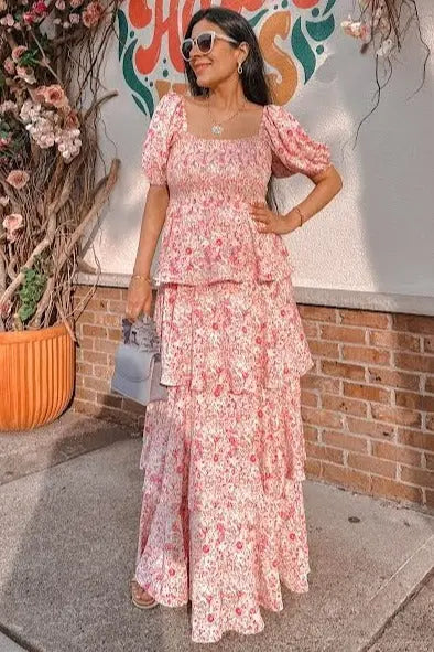 Pink Floral Square Neck Ruffle Layered Maxi Dress PinkBlush