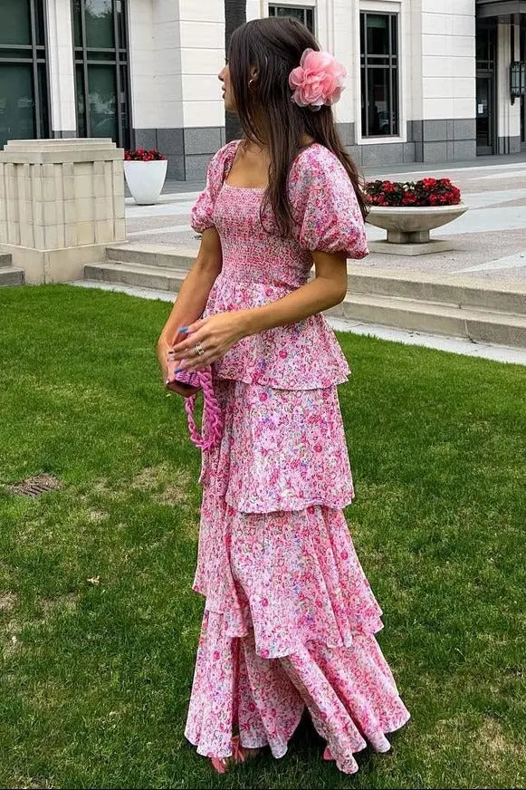 Pink Floral Square Neck Ruffle Layered Maxi Dress PinkBlush