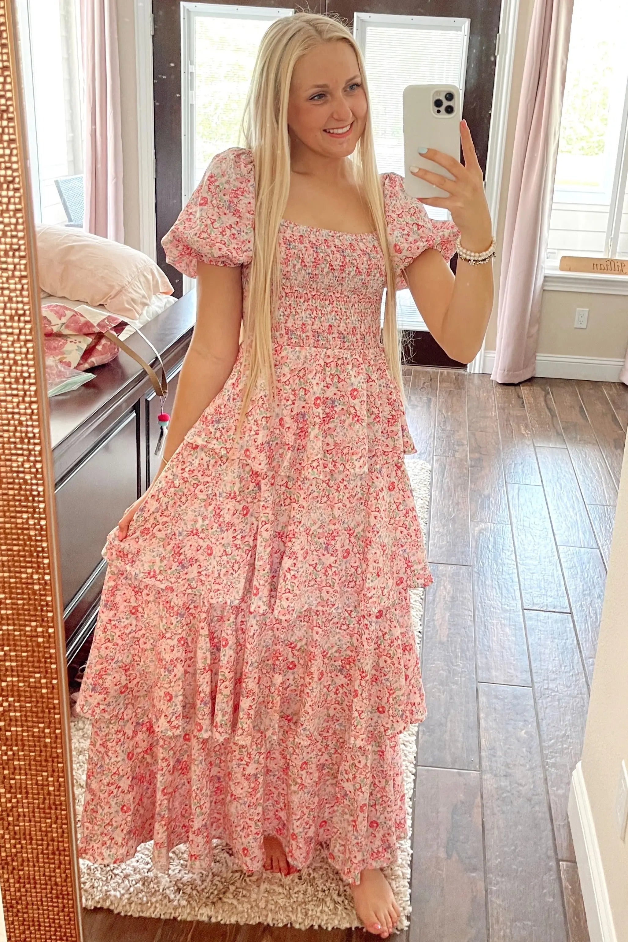 Pink Floral Square Neck Ruffle Layered Maxi Dress PinkBlush