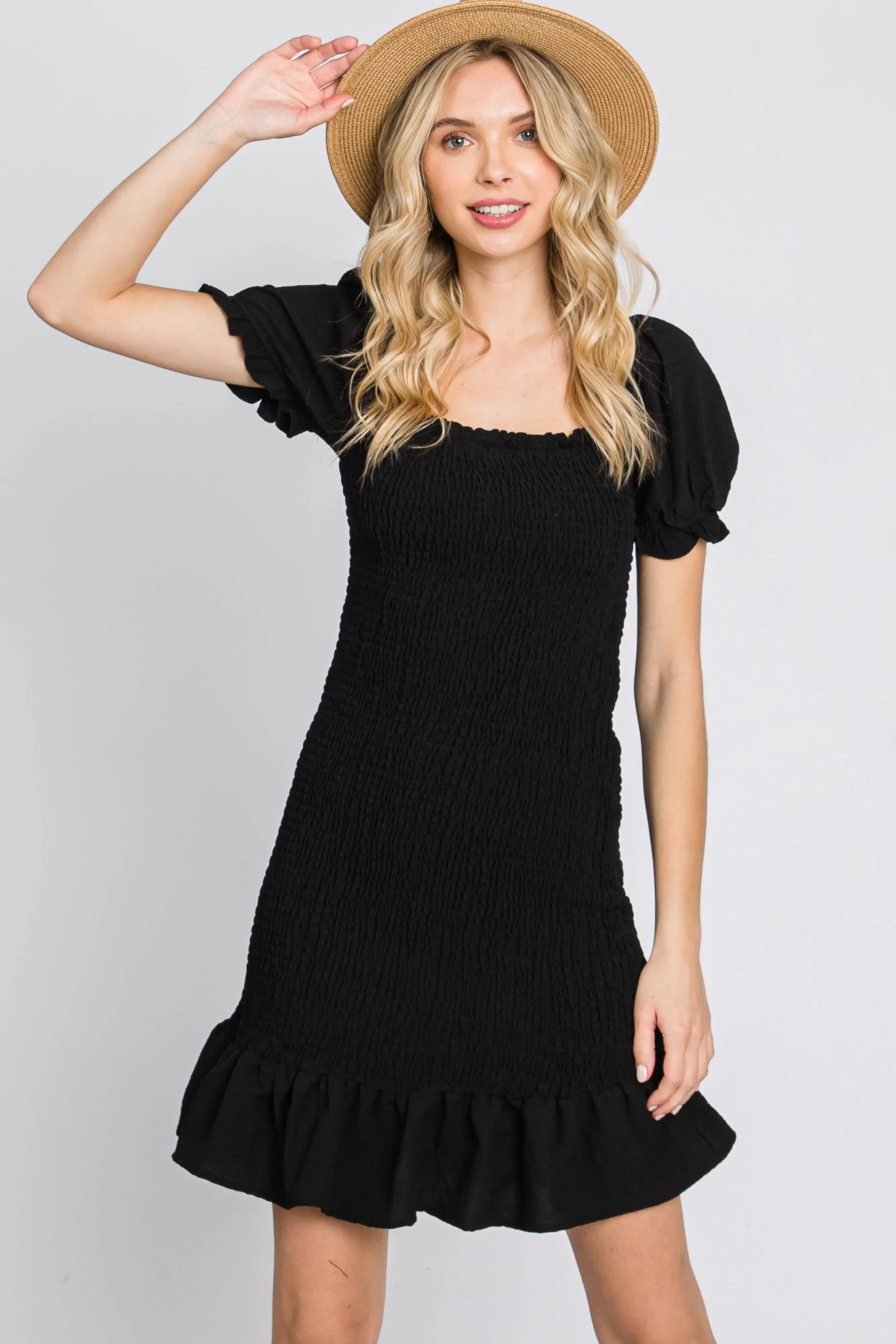 Black Smocked Puff Sleeve Dress PinkBlush