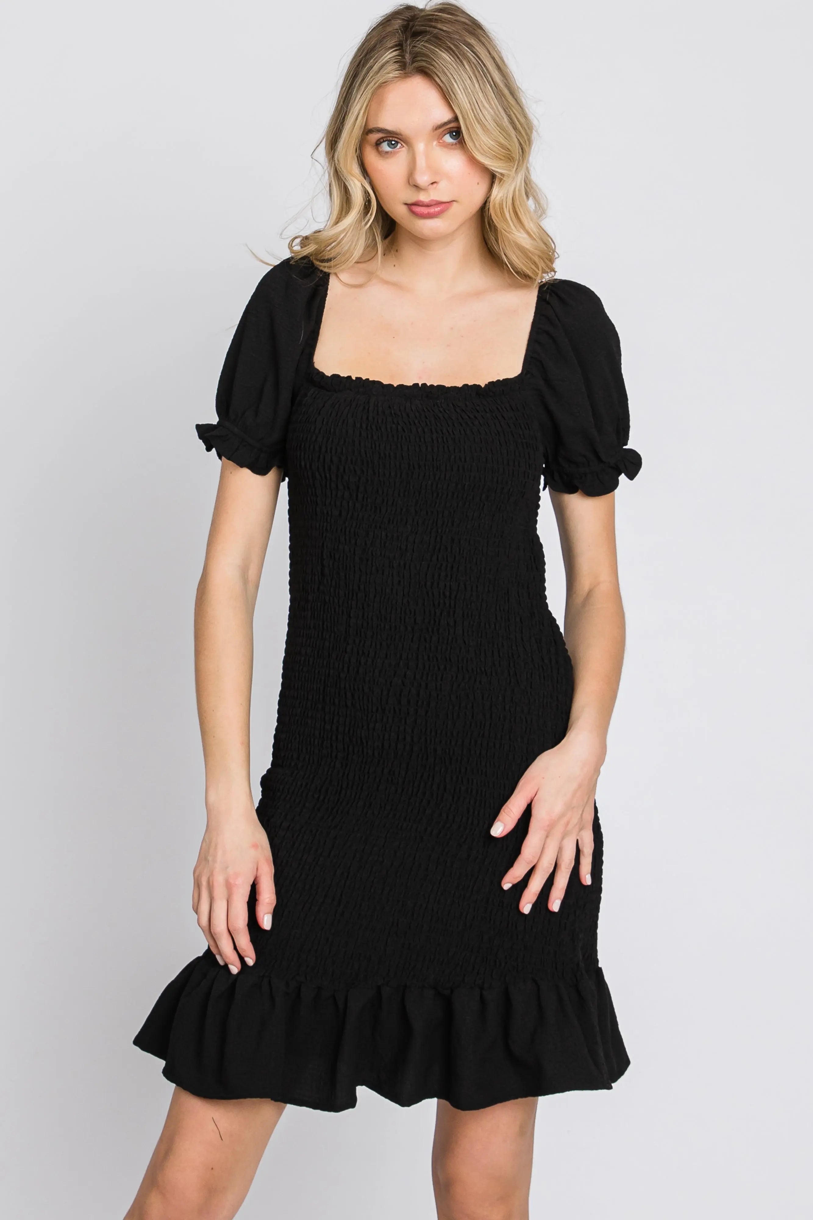 Black Smocked Puff Sleeve Dress PinkBlush