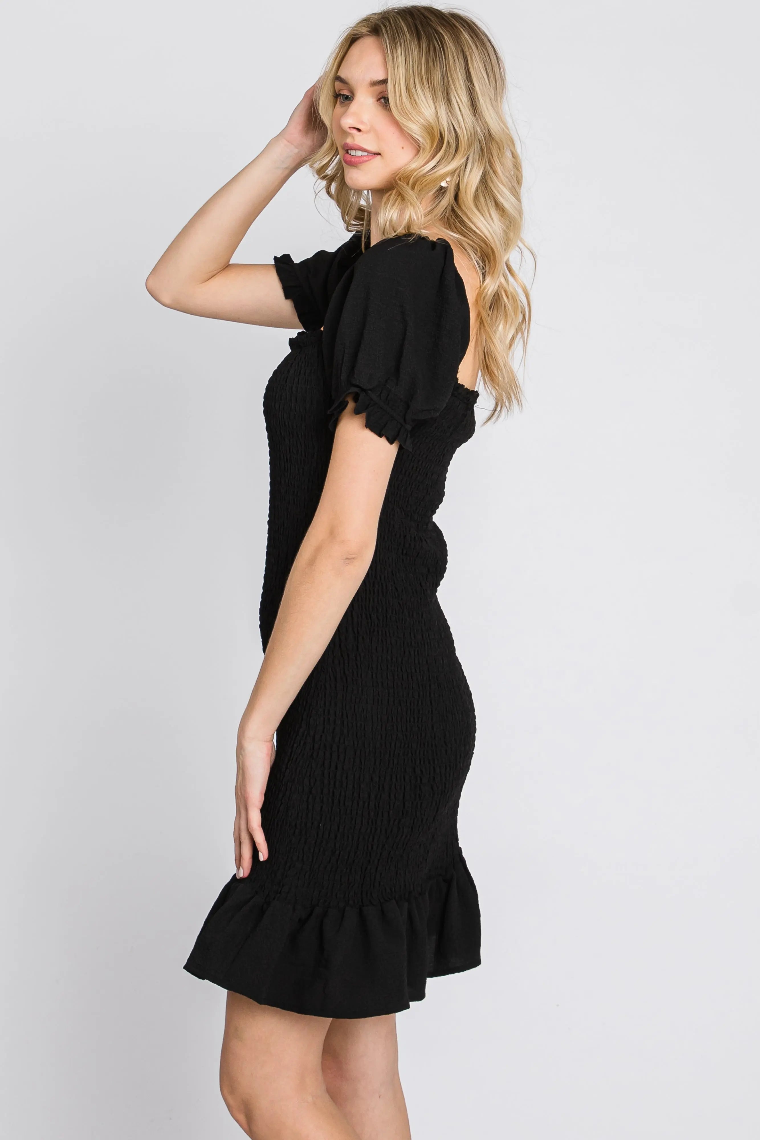 Black Smocked Puff Sleeve Dress PinkBlush