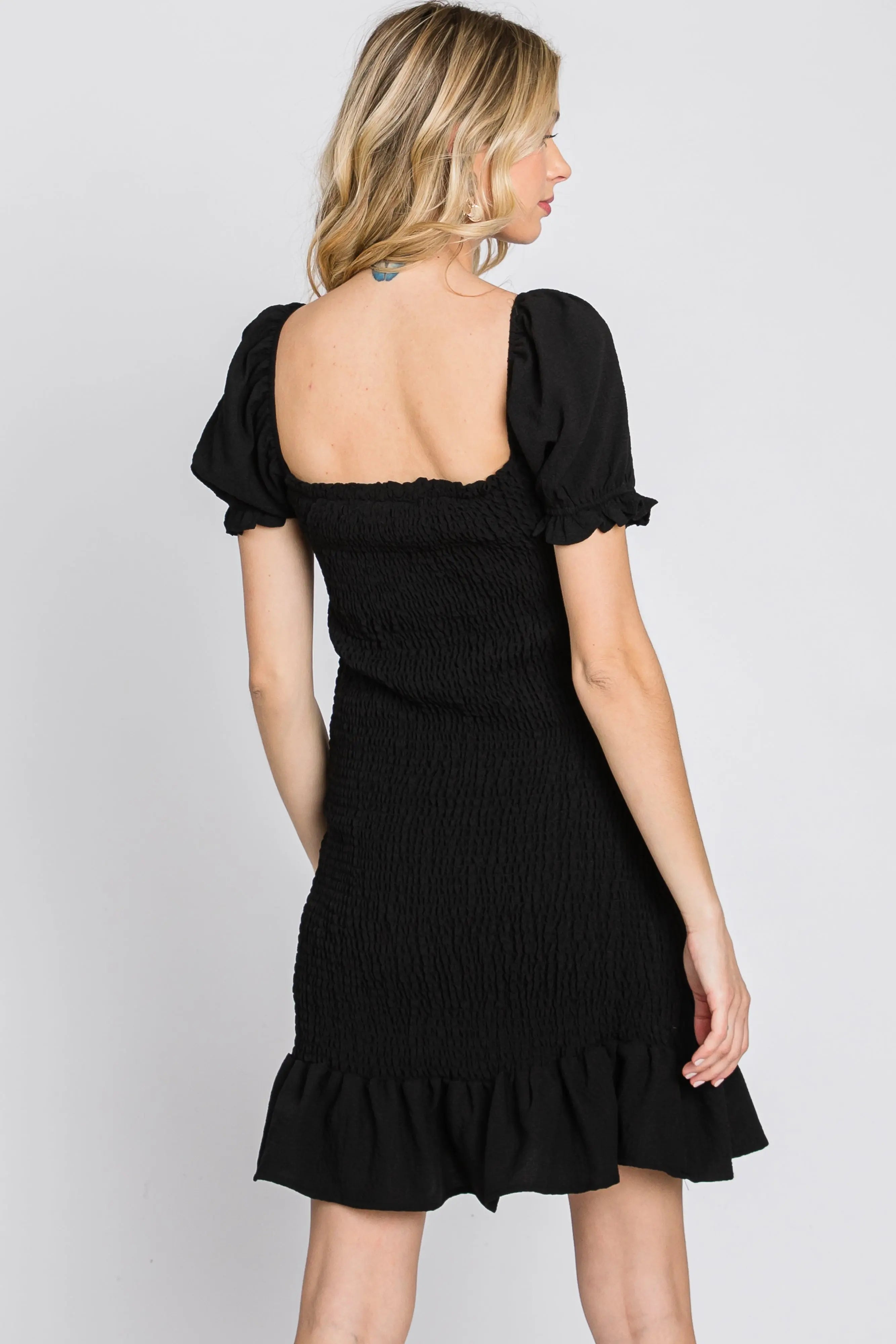 Black Smocked Puff Sleeve Dress PinkBlush