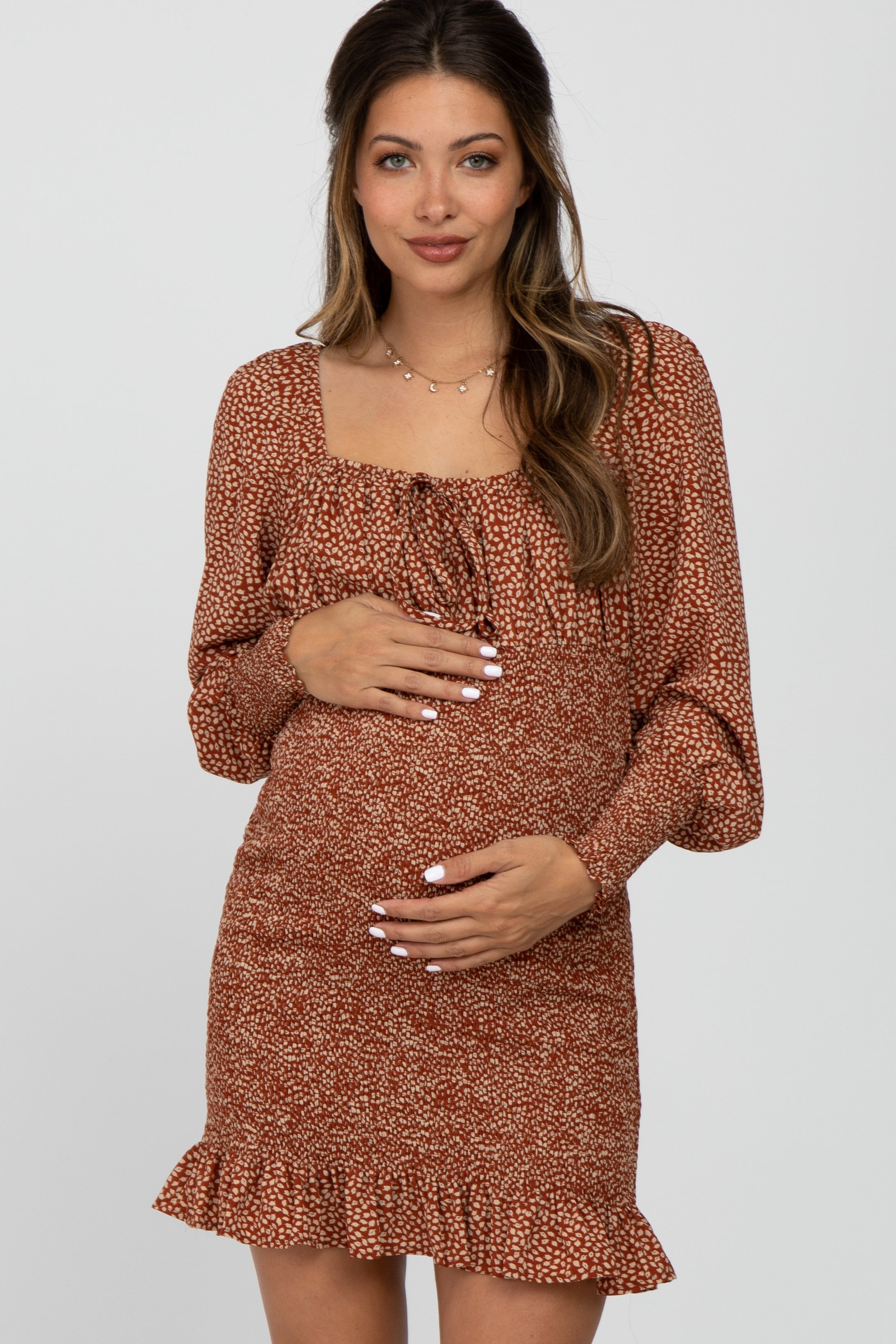 Rust Leaf Print Smocked Maternity Dress - Love Salve Rust Leaf Print Smocked Maternity Dress - Love Salve
