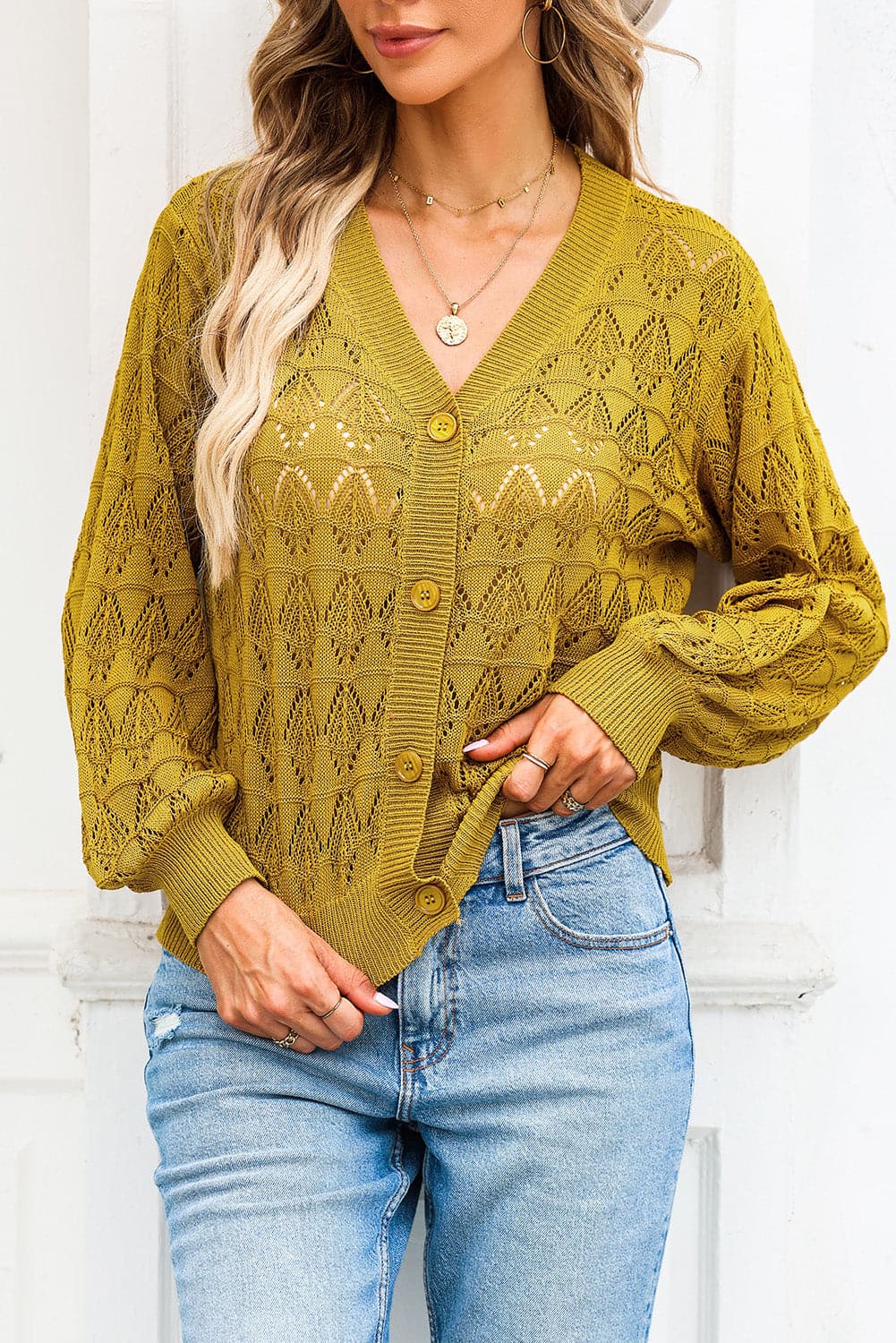 Openwork V-Neck Cardigan.