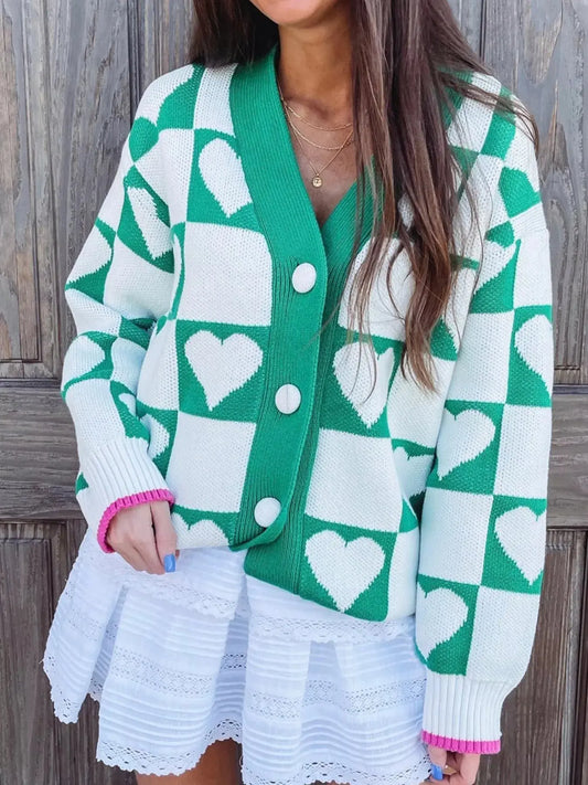 Plaid Heart Knit V Neck Button Down Sweater Cardigan Simply Love