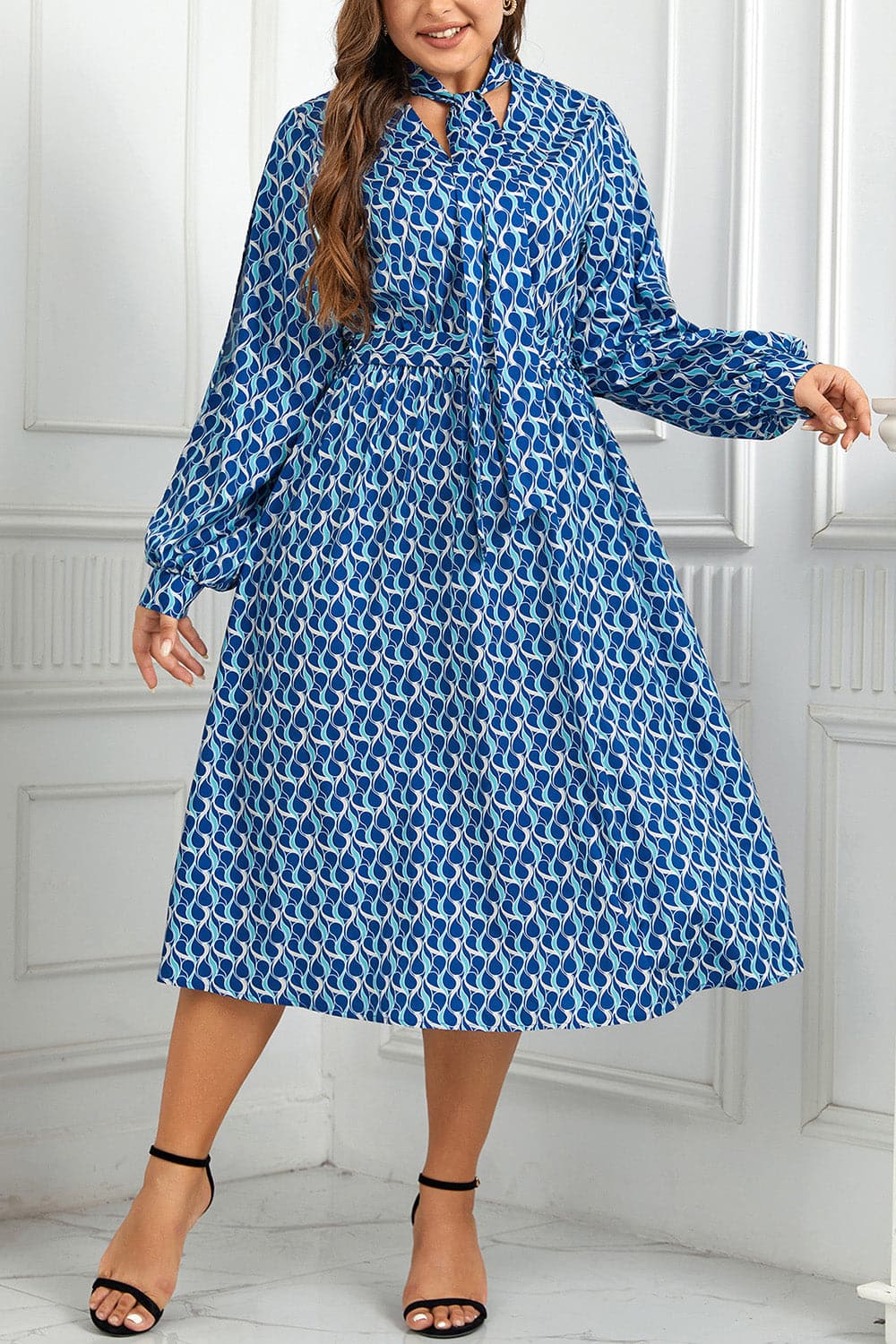 Plus Size Printed Tie Neck Midi Dress.