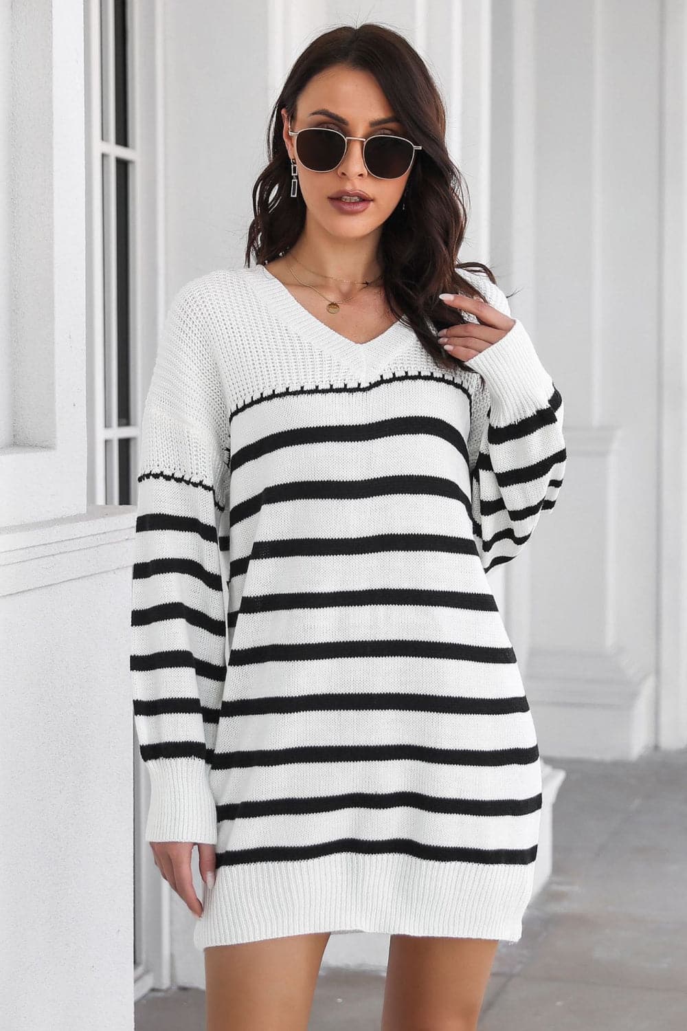 Striped V-Neck Drop Shulder Sweater Dress.