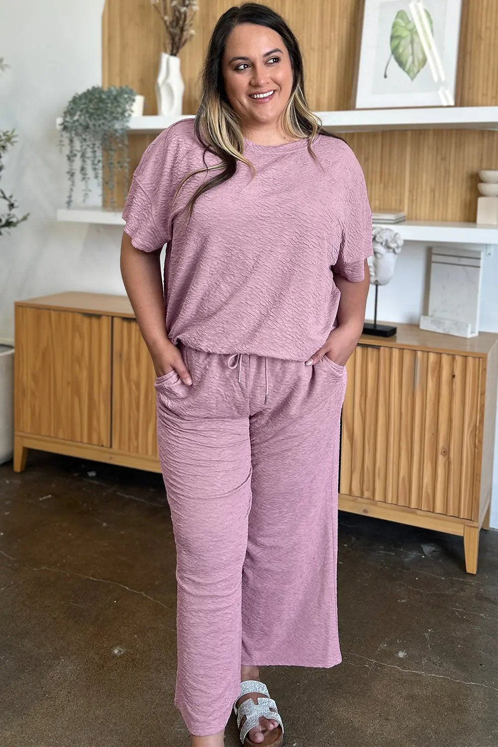Double Take Full Size Texture Short Sleeve Top and Pants Set - Love Salve