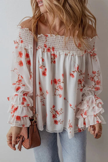 Sheer ruffled off-shoulder blouse