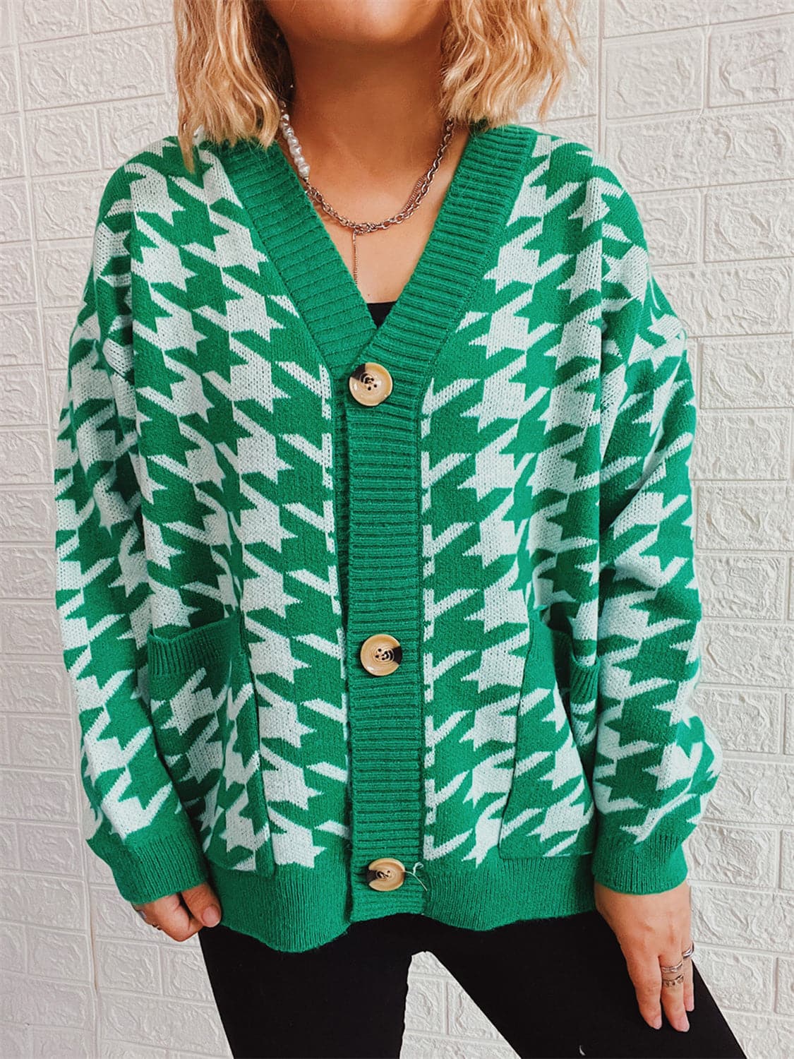 Houndstooth Botton Front  Cardigan with Pockets.