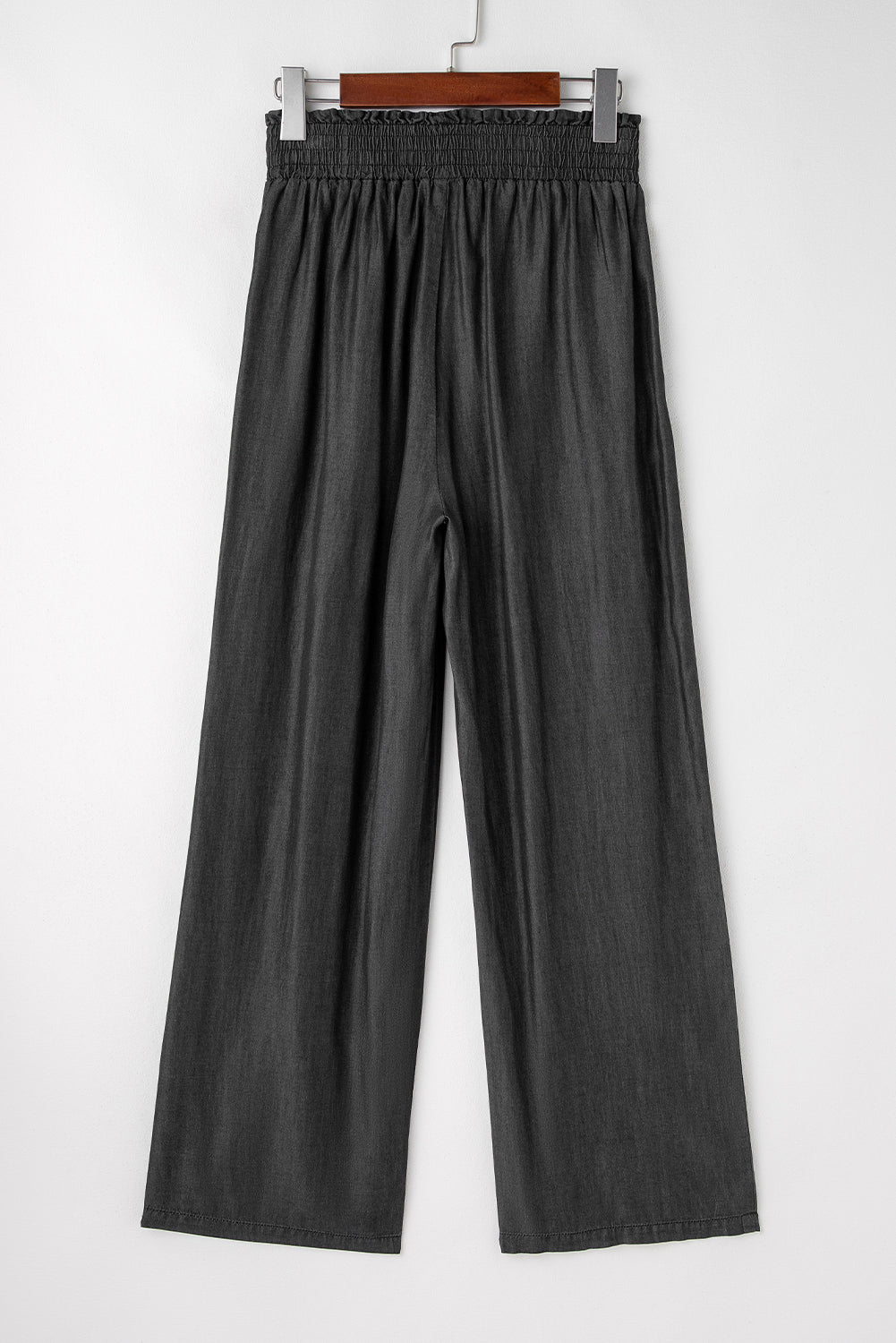 Chic black frilled smocked high waist wide leg jeans with side pockets